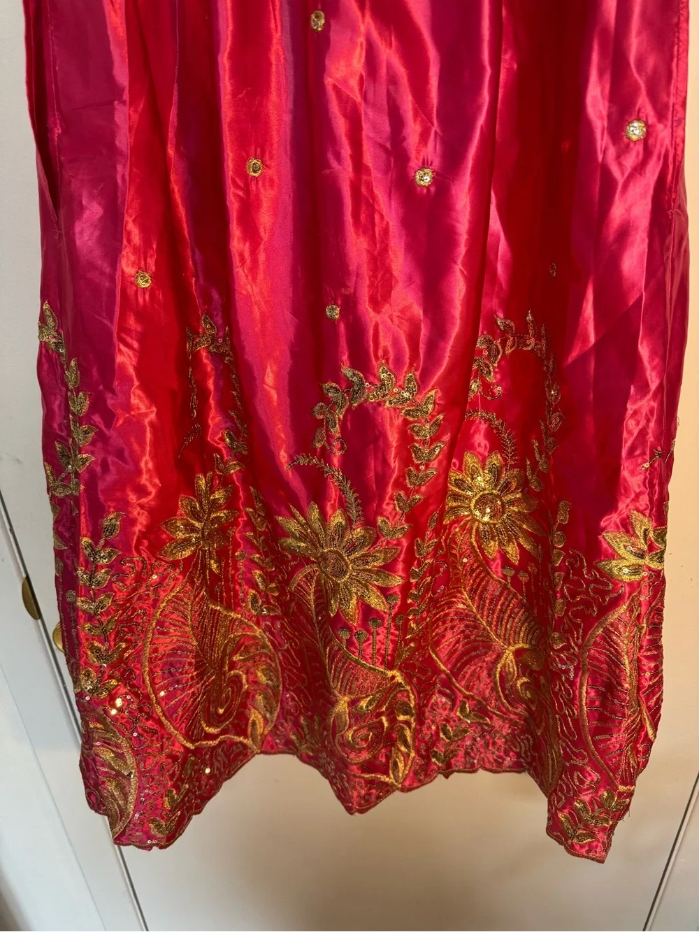 Embroidered Satin Midi Skirt in Hot Pink with Gold Accents - Picture 3 of 8